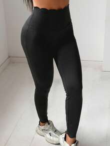 SHEIN EZwear 女士黑色针织高腰紧身贝壳边打底裤 - 摩卡棕 - 查看 7