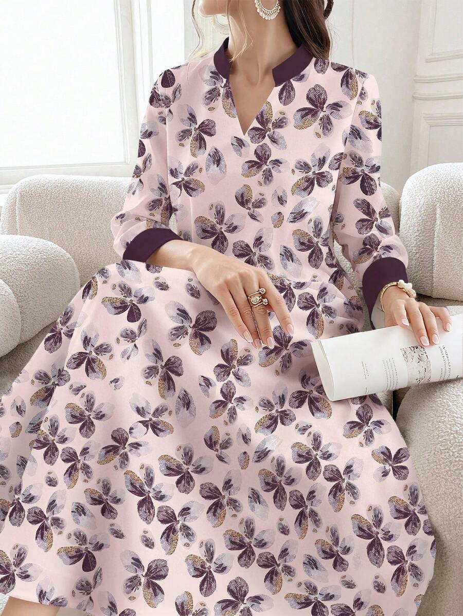 SHEIN Najma 复古碎花V领开衩喇叭袖口长袖连衣裙，优雅阿拉伯风格春夏服饰 - 彩色 - 查看 1