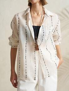 Airaco Women's Casual Commuter Striped Print Long Sleeve Shirt - Apricot - View 1