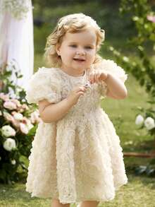 SHEIN Elegant & Cute Apricot Floral Mesh Short Sleeve Babygirl Dress A Loose And Adorable Stand-Up Collar 3D Flower And Rose Embroidery Net-Sheer Puffy-Sleeved Back Bow Dress For Girls, In Peach And Champagne Colors. Suitable For Weddings, Children's Floral Wear, And Birthday Parties  Elegant Cute Mesh Dress For Baby Girl Baby Girl Fluffy Dress Newborn Baby Girl Dress Luxury Baby Girl Dress Baby Girl Dress And Jacket Set Baby Girl Tulle Dress - Multicolor - View 6