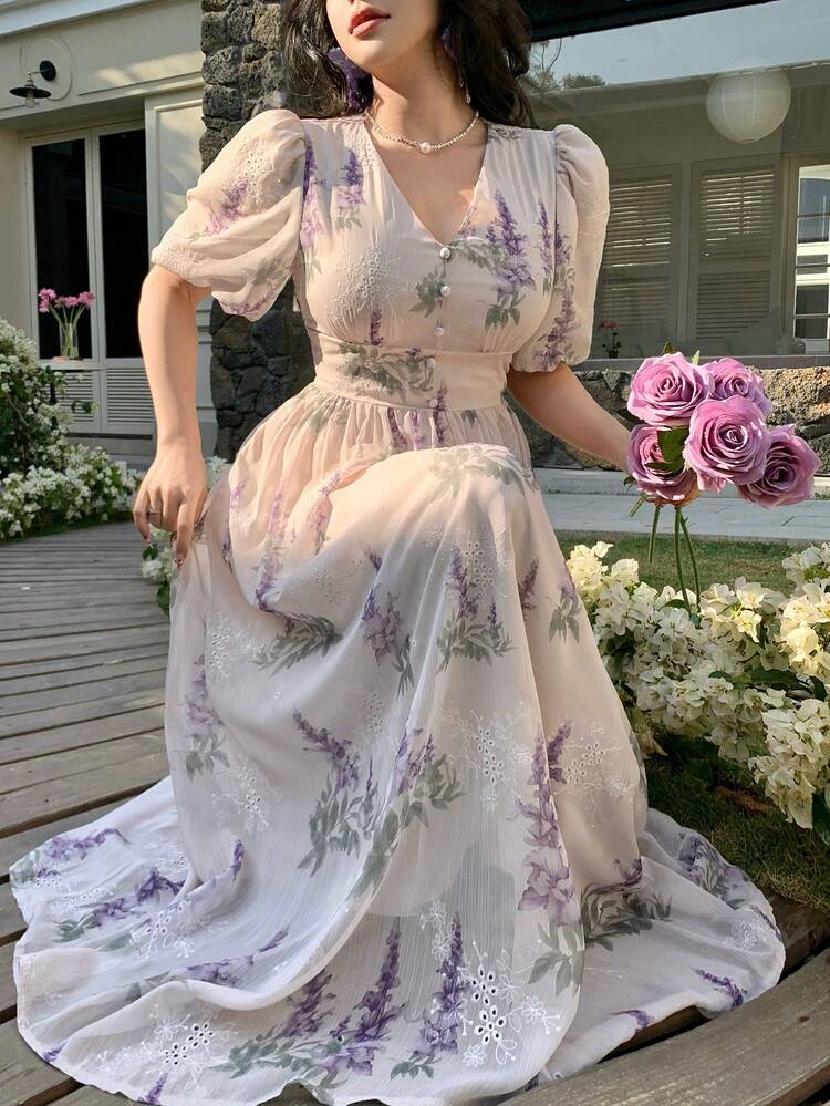 Petal Sleeve V-Neck Waist Cinched Elegant Party Wedding Guest Midi Dress With All-Over Print Sundress