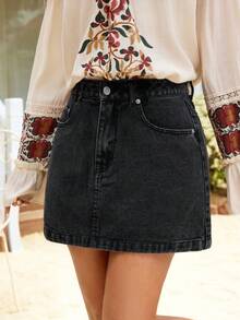 Chân váy ngắn denim bạc màu phong cách thường ngày dành cho nữ, mùa hè. - Màu xám đen - Xem 6