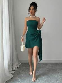 Elenzga 杏色无肩带收腰A字型优雅浪漫碎花连衣裙，适合女士，情人节 - 墨綠色 - 查看 5