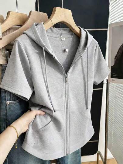 Franclia Women's Solid Color Short Sleeve Zip Front Drawstring Sweatshirt