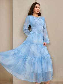 Modelyn Đầm ren in kỹ thuật số màu xanh dương dành cho nữ, kiểu dáng Ả Rập nhẹ nhàng, lãng mạn và tươi mới. - Màu xanh lam - Xem 7