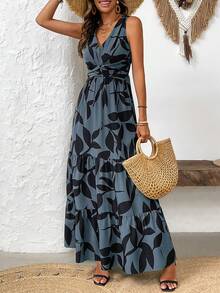 EMERY ROSE Women's V-Neck Sleeveless Dress With All-Over Print And Ruffled Hemline For Summer Maxi Vacation Beach Outfit - Dusty Blue - View 5