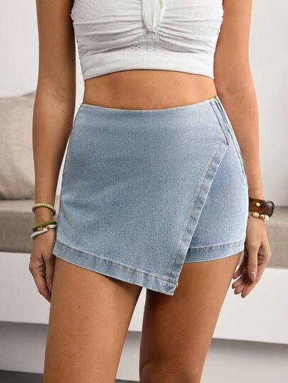 Breezaya Women's High Waist Asymmetric Hem Casual Denim Skorts