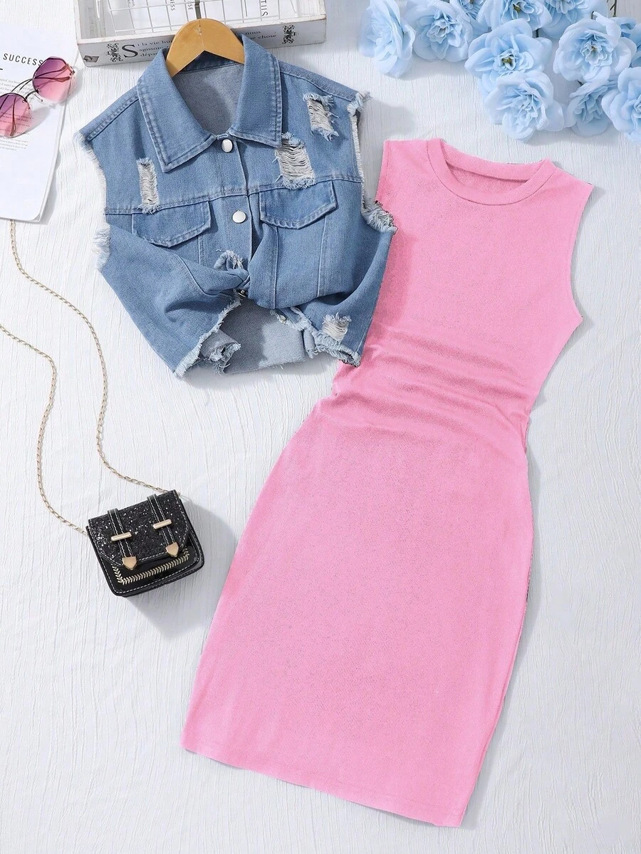 SHEIN Bộ 2 món cho bé gái tuổi teen: Áo hai dây dệt kim màu đen kèm áo khoác denim, trang phục thường ngày đi làm. - Hồng - Xem 1