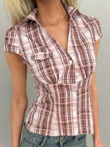 Sydney Algeri Blue Plaid Cap Sleeve Fitted Shirt For Women - Brown - View 5