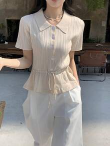 DAZY Women's Drawstring Waist Tie Knot Short Sleeve Knit Top - White - View 6