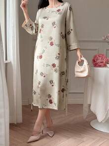 Vivie Lora 女士宽松圆领腰带印花中长连衣裙 - 卡其色 - 查看 5