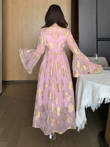 DAZY Women's Round Neck Semi-Sheer Long Sleeve Cinched Waist Dress - Pink - View 2