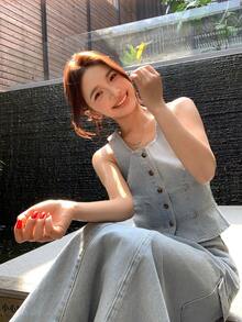 DAZY Women's Washed Korean Style Distressed Casual Fresh Denim Set, Summer - Blue - View 1