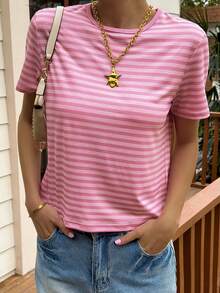 Livesso Pink Round Neck Striped Loose Fit Women's Short Sleeve T-Shirt, Summer - Pink - View 6