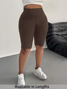 SHEIN PETITE CURVE 大码女士休闲纯色打底裤，适合夏季穿着 - 咖啡棕 - 查看 6