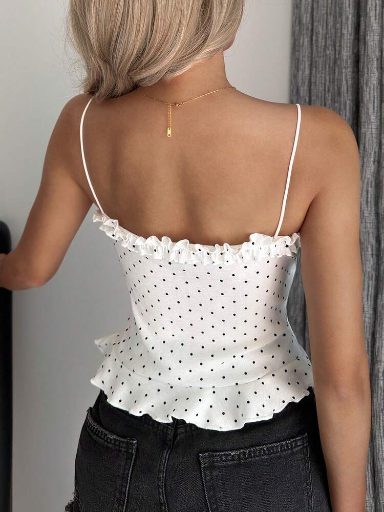 Polka Dot Print Frill Trim Self-Padded Camisole Tank Top For Women
