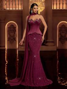 Glamrae Elegant, Luxurious, Colorful Rhinestone Embellished Strapless Mermaid Dress, Suitable For Weddings, Parties, Vacations, Galas, Formal Events (Heavy Embellishment) - Burgundy - View 3