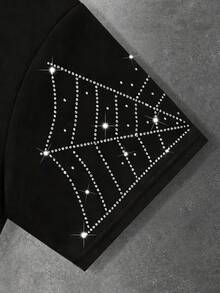 ROMWE MEN 男士宽松版型闪亮钻石装饰短袖T恤 - 黑色 - 查看 4