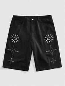 ROMWE MEN Street Life Men's Casual Everyday Embroidered Detail Loose Denim Shorts - Black - View 9