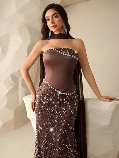 Coutiva Elegant Beaded Sequined Rhinestone Chain Design, Strapless Halter Neck Faux Two Pieces Dress With Mermaid Skirt, Suitable For Formal Evening Events, Birthday Parties, Graduation Ceremonies, Back-To-School Parties, Wedding Guest Attire, And Red Carpet Appearances.