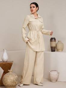 Graceveil Bộ 2 món áo khoác cổ đứng có dây rút điều chỉnh dành cho nữ và quần in họa tiết. - Màu be - Xem 8