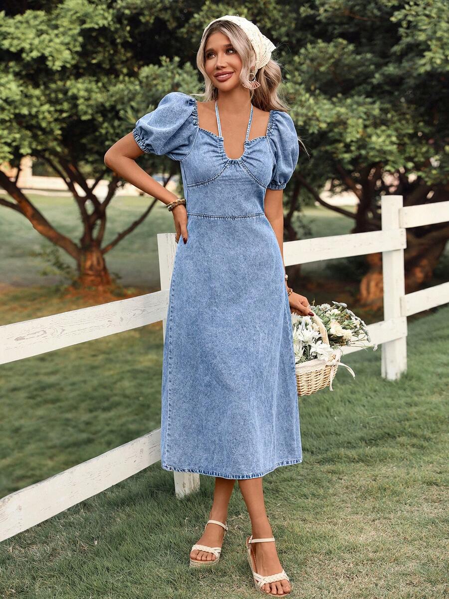Breezaya 女士休闲水洗泡泡袖牛仔连衣裙，夏季 - 藍色 - 查看 1