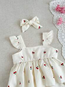 SHEIN 两件套女婴夏季套装，可爱樱桃印花吊带背心搭配松紧腰短裤和发带，柔软舒适，适合春夏外出，是送给6个月至3岁宝宝的绝佳礼物。 - 杏色 - 查看 5