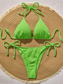 Swim Vcay Conjunto de bikini de unicolor para vacaciones en la playa - Verde militar - Ver 3