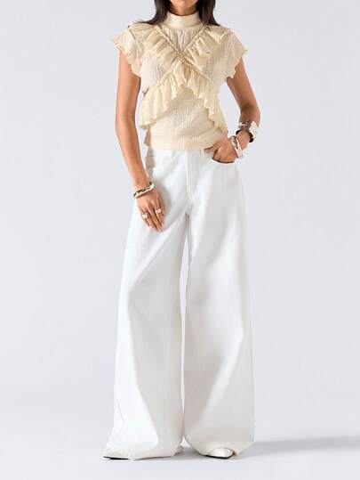 LYSMO 女士纯色立领短袖荷叶边下摆时尚T恤