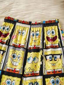 SpongeBob SquarePants | SHEIN Bộ đồ ngủ dài tay cổ tròn dáng rộng họa tiết hoạt hình dành cho bé trai tuổi teen, thích hợp mùa thu/đông. - trắng - Xem 6
