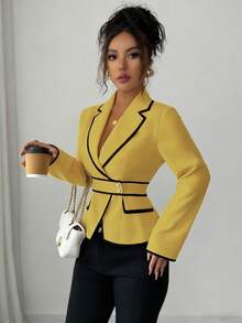 Rafferiza 女士优雅通勤衬衫，披肩领长袖 - 黃色 - 查看 6