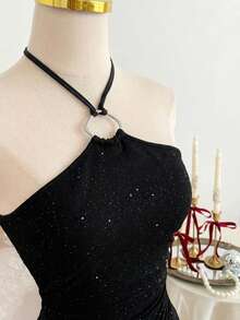 Franclia Luxury And Sexy, Sophisticated Women's Dress With Heavy Sequins, High-End Elegance, Halter Neck Laces, Decorative Buckle, Irregular Hem, And Pleats; Suitable For Spring/Summer, Parties, Vacations, Valentine's Day, And More; Also A Sexy Sleeveless Dress. - Black - View 6