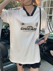 Dazy Kids Teen Girls V-Neck Raglan Sleeve Casual Loose Fashion Printed T-Shirt - White - View 4