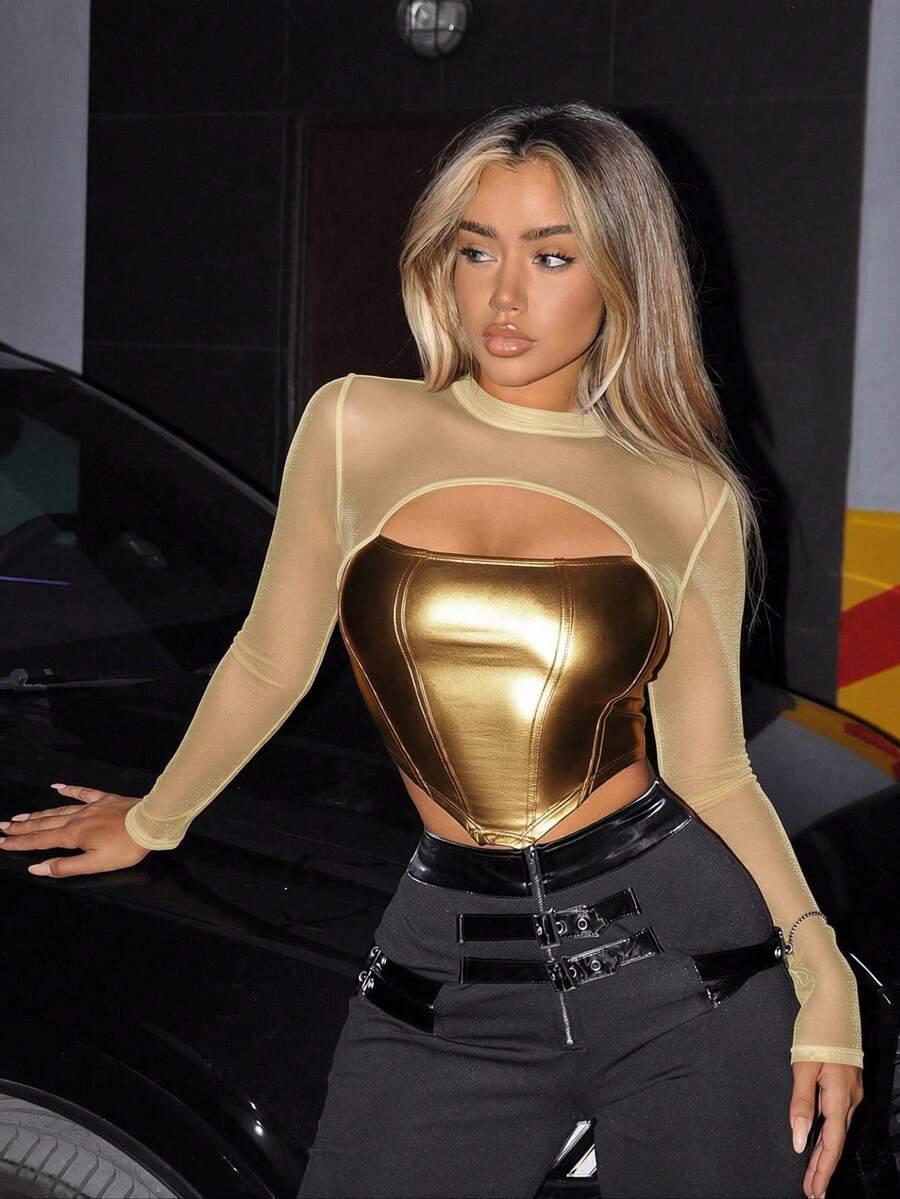 SHEIN ICON Áo croptop phối lưới PU màu đen, khoét phía trước, vạt áo bất đối xứng. - Vàng - Xem 1