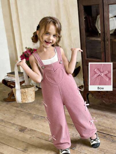 SHEIN ChillGRL Peto informal para niñas de estilo casual en color caqui con decoración de lazo, pierna recta holgada, tela suave y cómoda, versátil para uso diario, escuela, transporte, primavera/verano/otoño/invierno