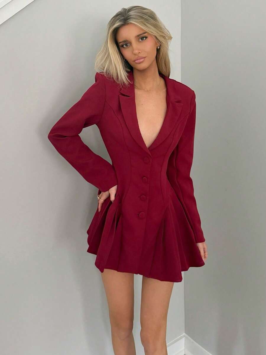 Sydney Algeri 1pc Women Solid White Sexy Deep V Neck Lapel Button Front Long Sleeve Elegant Pleated Dress,Business Casual Woman,Elegant Dresses For Party - Burgundy - View 1