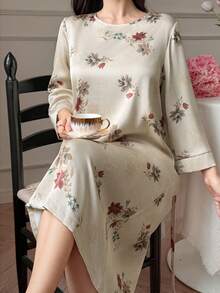 Vivie Lora 女士宽松圆领腰带印花中长连衣裙 - 卡其色 - 查看 6