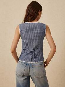 Poéselle 女士圆领无袖格子蕾丝边前开襟纽扣时尚夏季衬衫 - 藏蓝色 - 查看 2