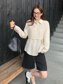 DAZY Women's Striped Lapel Long Sleeve 2 Pieces Shirt Set, Spring/Summer - Apricot - View 7