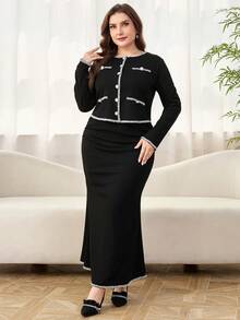 Reflora 大码女士优雅通勤两件套：外套和裙子，适合秋季、冬季和春季穿着 - 黑色 - 查看 6