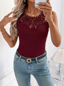 SHEIN Clasi 女士优雅时尚蕾丝拼接无袖吊带背心，夏季必备 - 酒紅色 - 查看 6