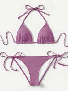 SHEIN Swim Women's Simple Solid Color Backless Tie-Front Halter Bikini Set, Suitable For Beach Vacation - Mauve Purple - View 1