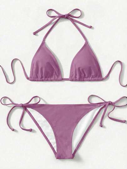 SHEIN Swim סט ביקיני פשוט בצבע אחיד ללא גב וקשירה מלפנים לנשים, מתאים לחופשת חוף