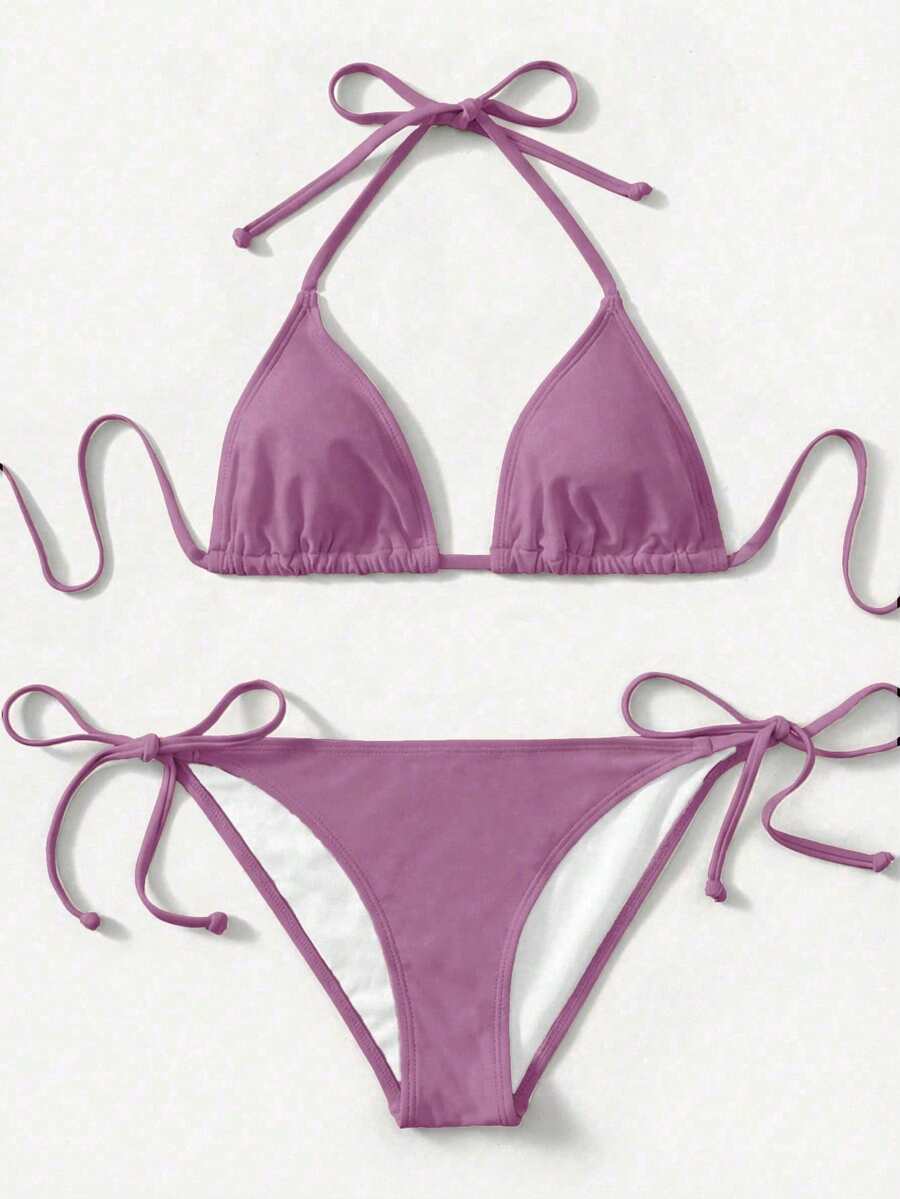 SHEIN Swim Women's Simple Solid Color Backless Tie-Front Halter Bikini Set, Suitable For Beach Vacation - Mauve Purple - View 1