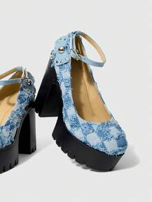 ROMWE Grunge Punk Women's Buckle Design Fashionable Platform Punk Style High Heels - Blue - View 2