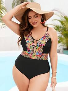 Swim Chiccia Plus Size Women One-Piece Solid Color Black Slim Fit Fashionable Casual Swimsuit With V-Neck, Suitable For Vacation And Daily Wear - Black - View 3