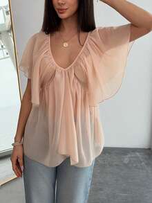 Aloruh Women's Deep V-Neck Romantic Ruffle Trim Blouse - Apricot - View 6