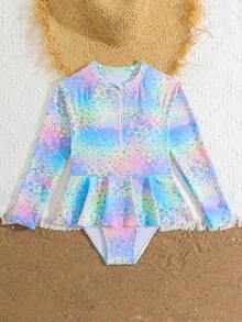 SHEIN 少女连体泳衣，粉色豹纹长袖拉链开衩裙泳装，时尚休闲优雅，适合游泳、度假、夏季穿着（图案随机） - 彩色 - 查看 7