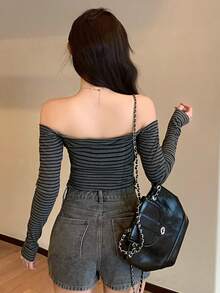 DAZY 女士露肩条纹系带修身休闲长袖衬衫，百搭又性感 - 黑色 - 查看 7