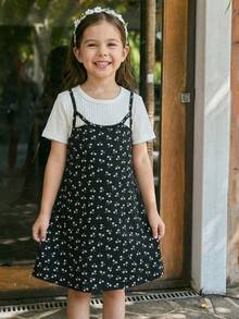 Conjunto de 2 peças para menina: camiseta de malha lisa com gola redonda e vestido curto floral. - Preto e Branco - Ver 1